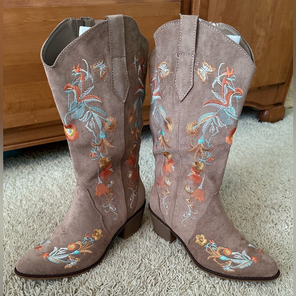 Taupe Faux Suede Desert Bloom Embroidered Boots - Picture 4 of 6